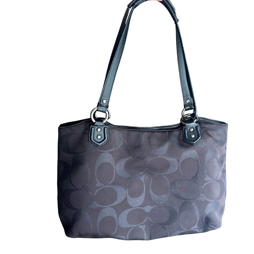 Coach Signature Jacquard Tote Bag Black Leather Trim F26246 Shoulder Bag - Picture 3 of 9